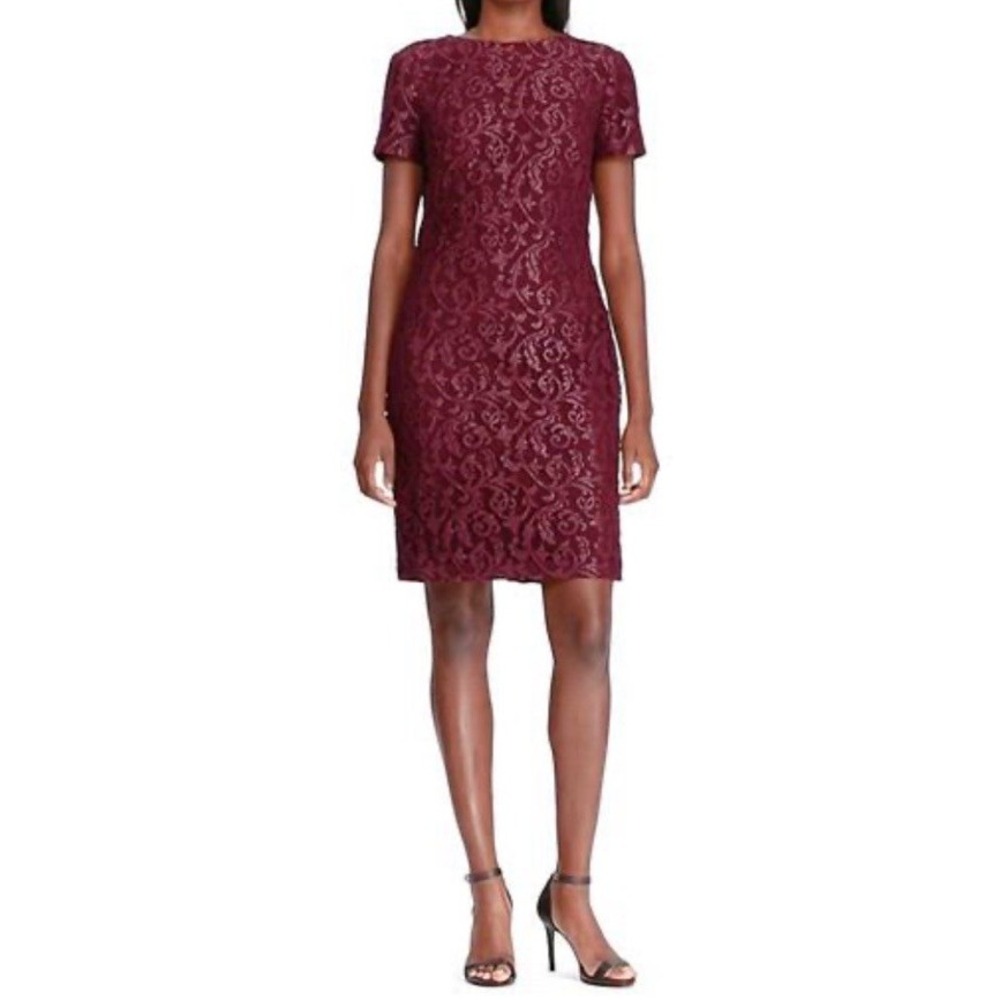 Lauren Ralph Lauren Women Lace Dress Size 16 Sheath Maroon Short Sleeve